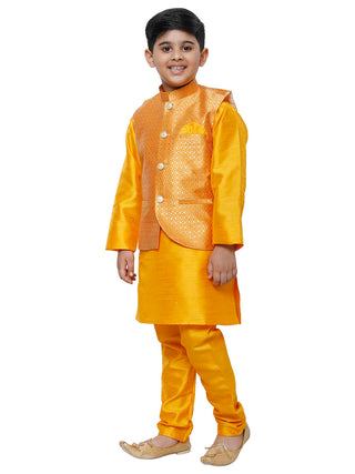 Pro Ethic Kurta Pajama For Boys With Waist Coat Silk Floral Pattern Orange (S-214)