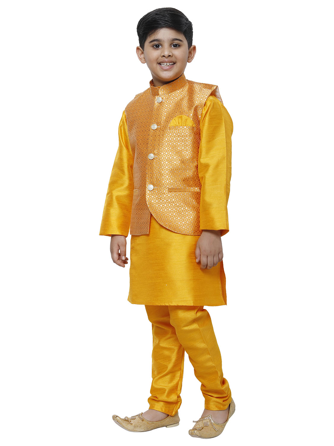 Pro Ethic Kurta Pajama For Boys With Waist Coat Silk Floral Pattern Orange (S-214)