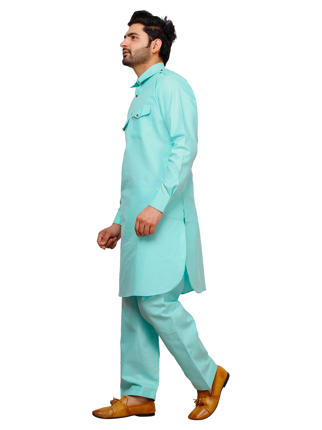 Pro Ethic Men's Pathani Kurta pajama set - Solid | Cotton | Firozi | (A-116)