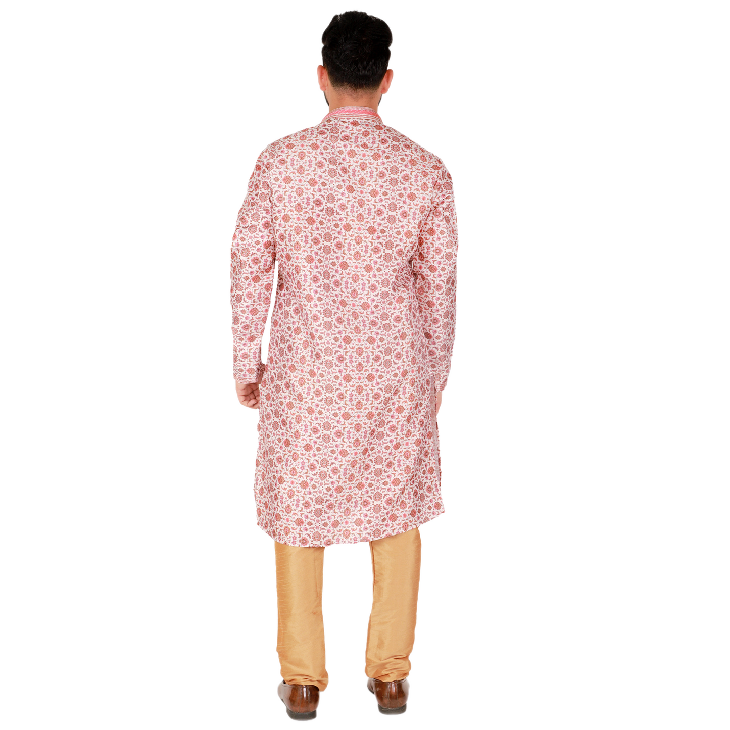 Pro-Ethic Men's Kurta Pajama Silk | Mandarin Collar | Floral Print | Peach (A-110)