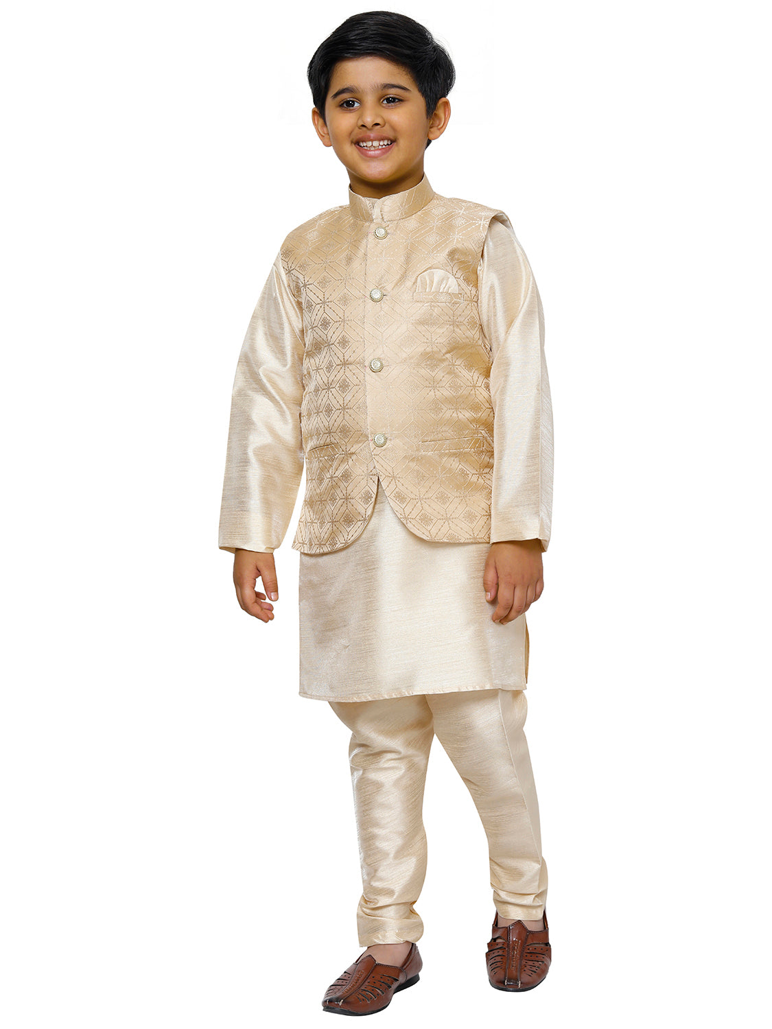 Pro Ethic Kurta Pajama For Boys With Waist Coat Silk Floral Pattern Gold (S-211)