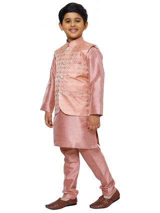 Pro Ethic Kurta Pajama For Boys With Waist Coat Silk Floral Pattern Pink (S-211)
