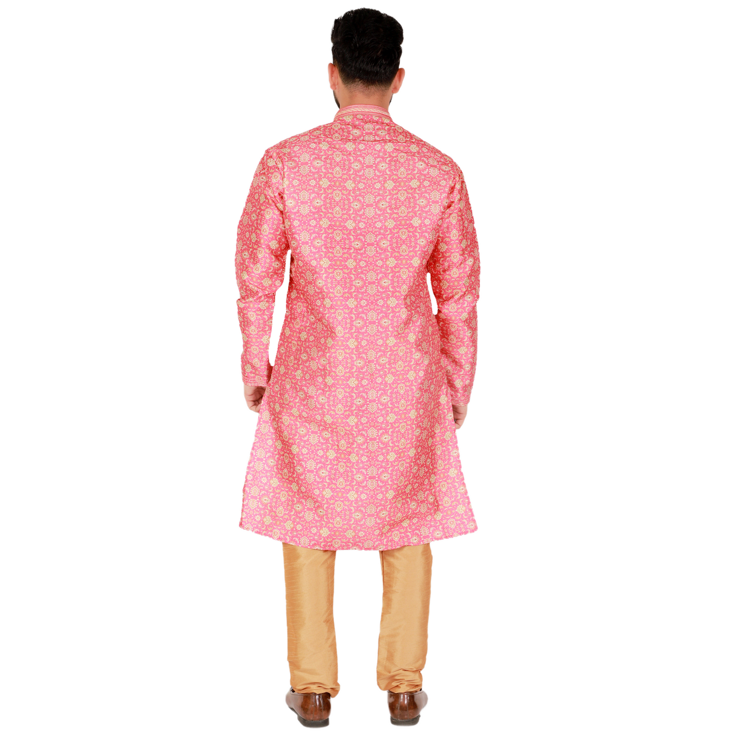 Pro-Ethic Men's Kurta Pajama Silk | Mandarin Collar | Floral Print | Pink (A-110)