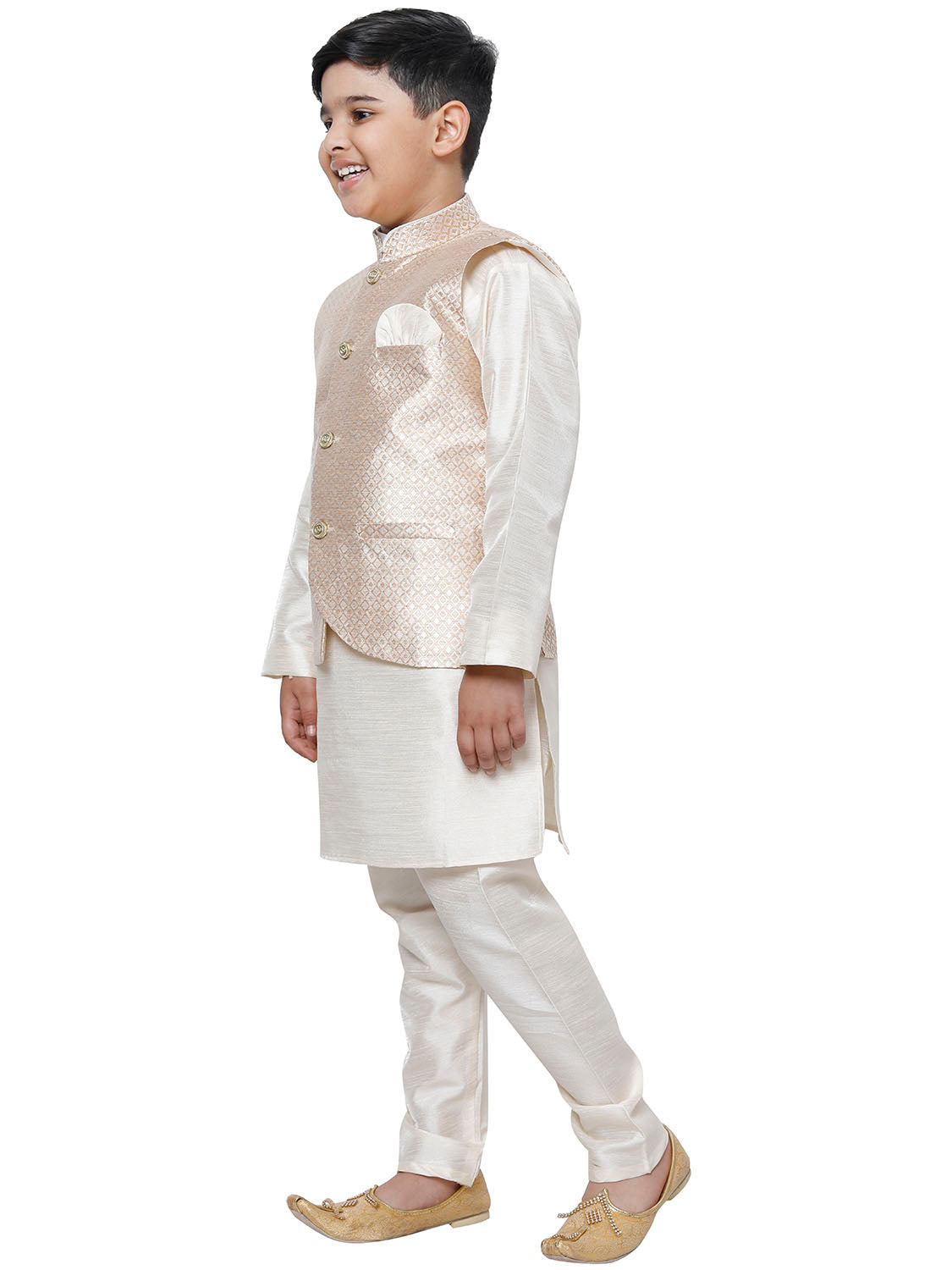 Pro Ethic Kurta Pajama For Boys With Waist Coat Silk Floral Pattern Cream (S-214)