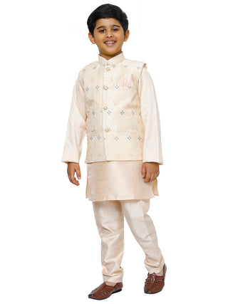 Pro Ethic Kurta Pajama For Boys With Waist Coat Silk Floral Pattern Peach (S-212)