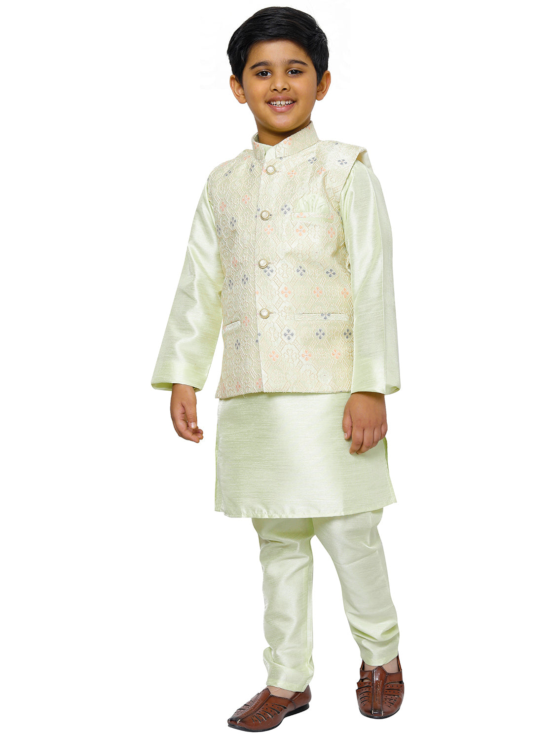 Pro Ethic Kurta Pajama For Boys With Waist Coat Silk Floral Pattern Green (S-212)