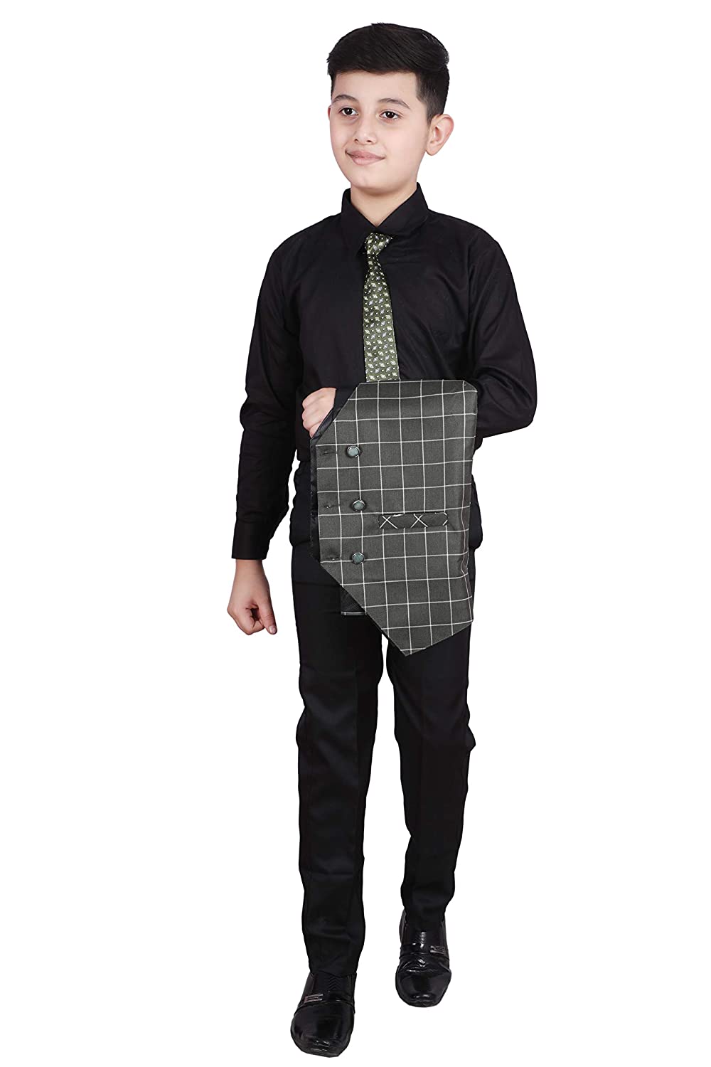 Pro Ethic Three Piece Suit For Boys Cotton Dark Green Checked Pattern T-115