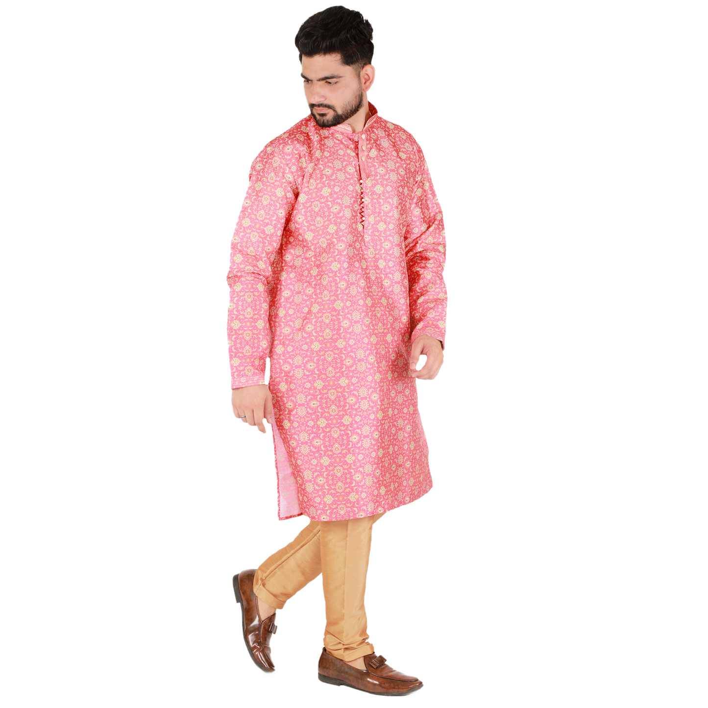 Pro-Ethic Men's Kurta Pajama Silk | Mandarin Collar | Floral Print | Pink (A-110)