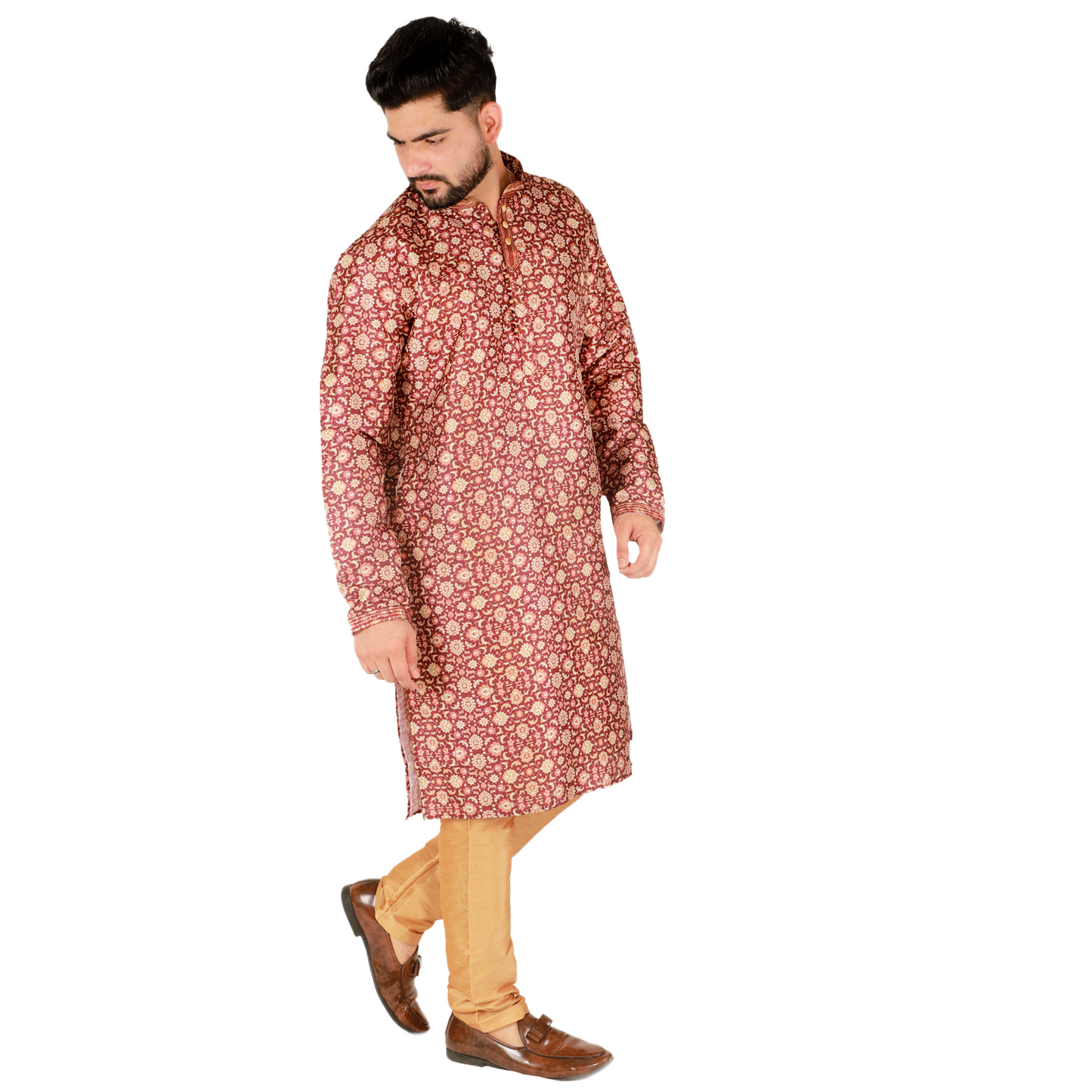 Pro-Ethic Men's Kurta Pajama Silk | Mandarin Collar | Floral Print | Maroon (A-110)