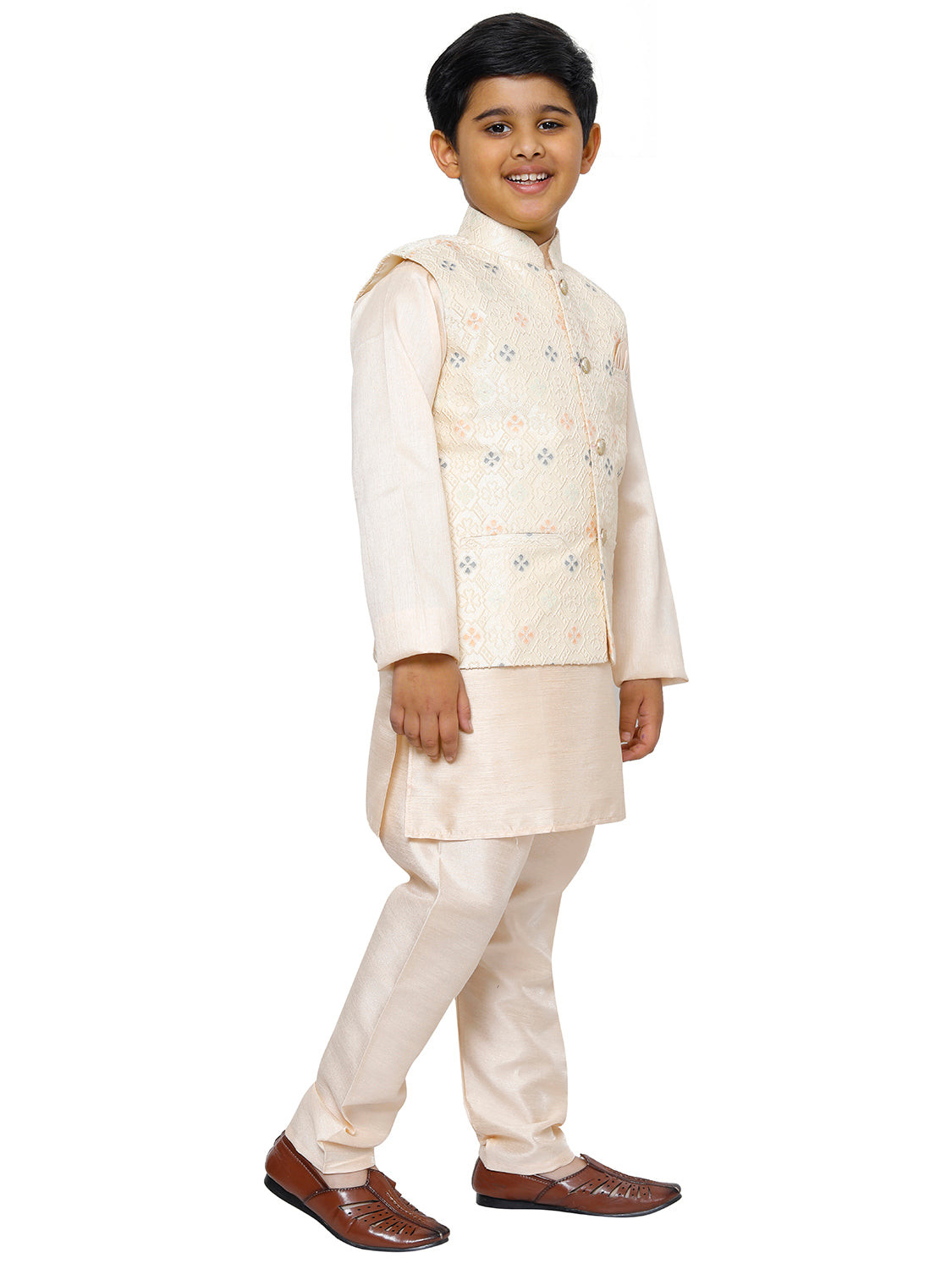 Pro Ethic Kurta Pajama For Boys With Waist Coat Silk Floral Pattern Peach (S-212)