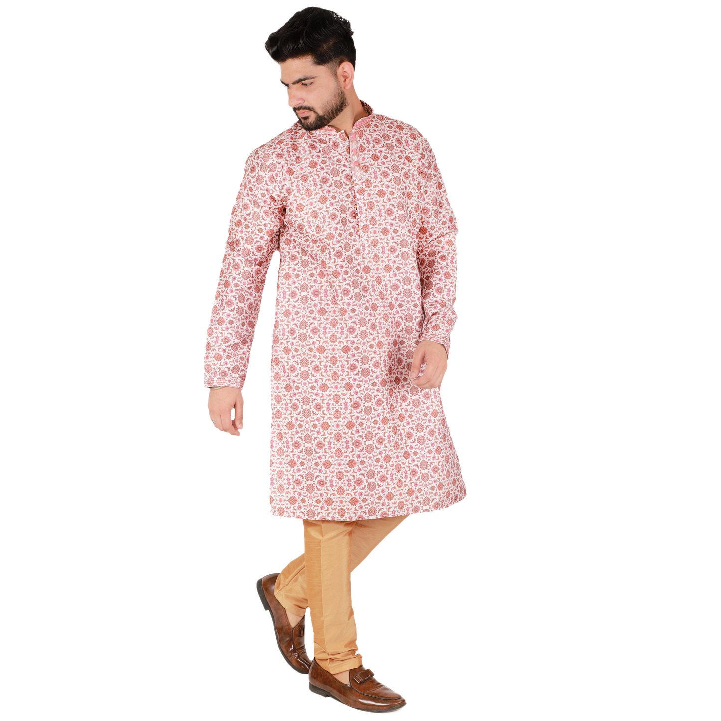 Pro-Ethic Men's Kurta Pajama Silk | Mandarin Collar | Floral Print | Peach (A-110)