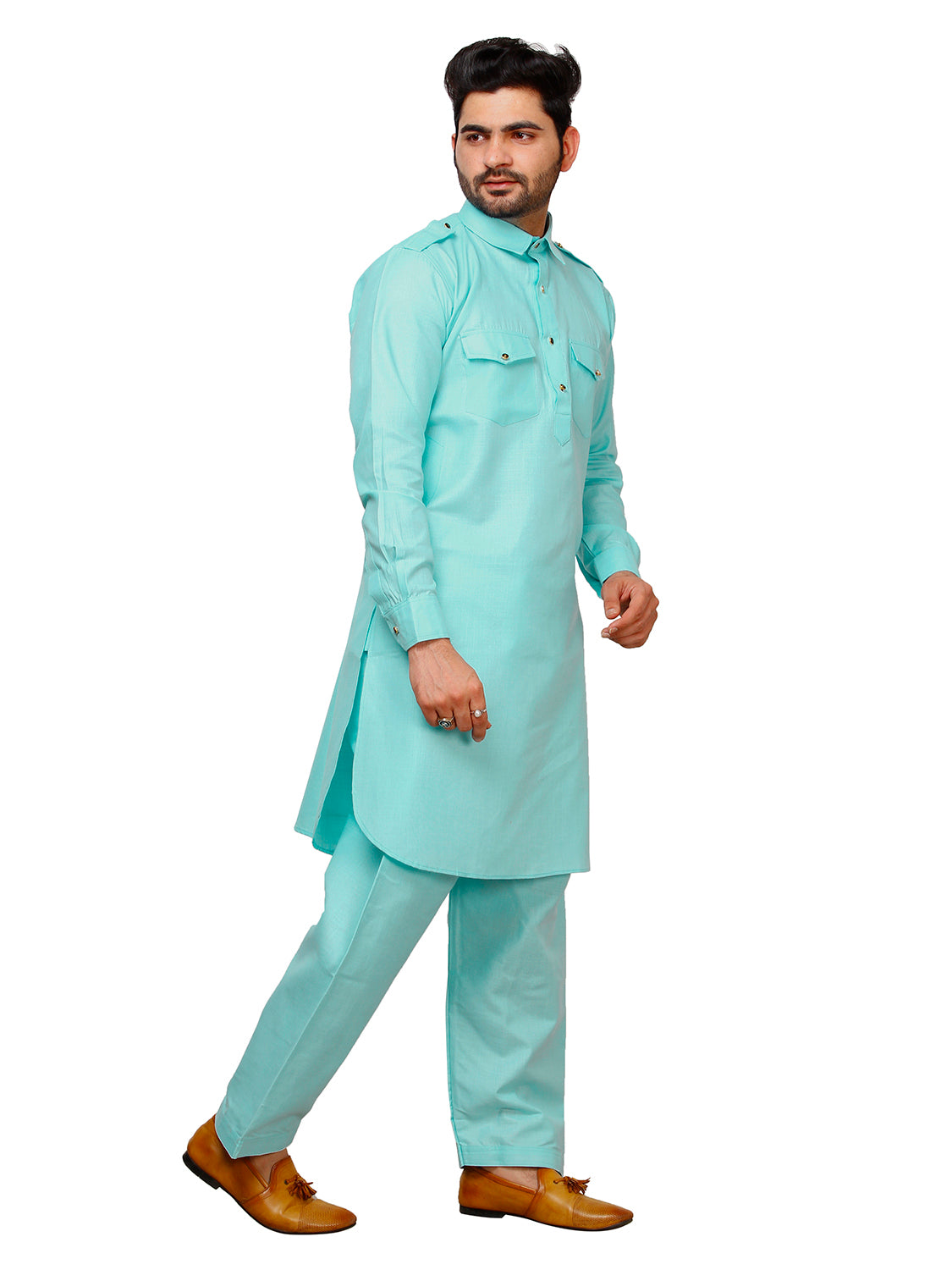 Pro Ethic Men's Pathani Kurta pajama set - Solid | Cotton | Firozi | (A-116)