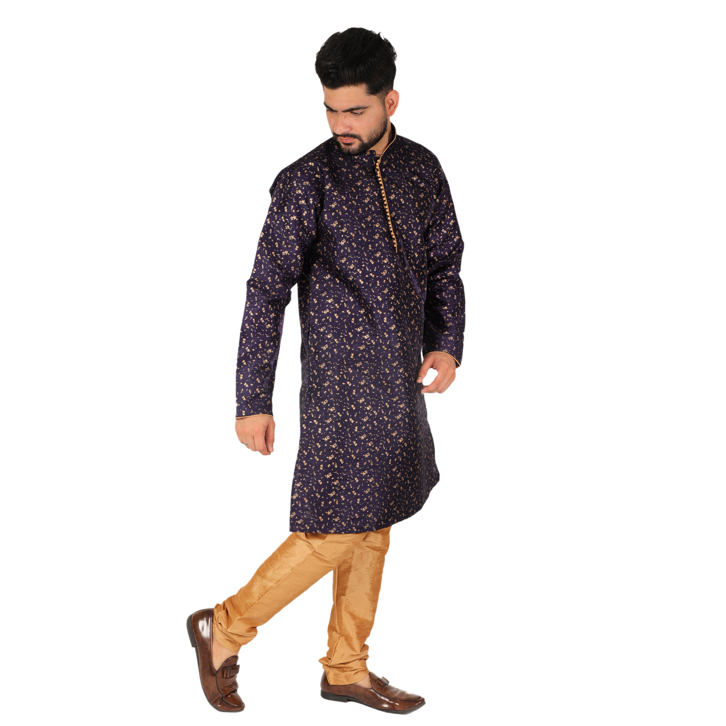 Pro-Ethic Men's Kurta Pajama Silk | Mandarin Collar | Floral Print | Navy Blue (A-111)