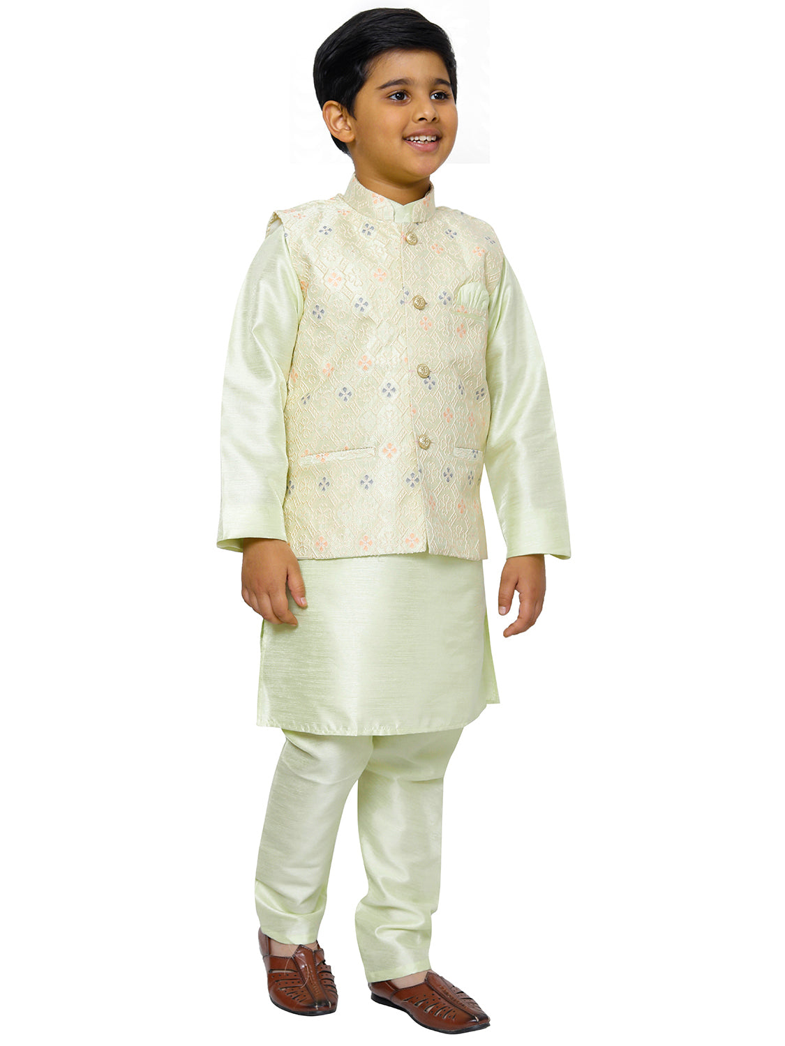 Pro Ethic Kurta Pajama For Boys With Waist Coat Silk Floral Pattern Green (S-212)