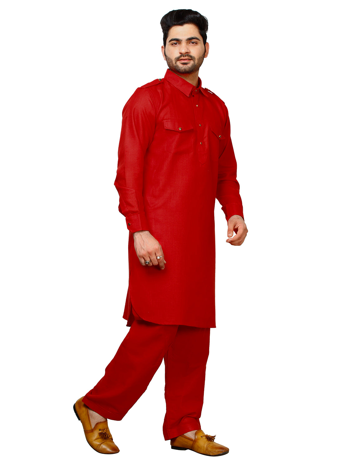 Pro Ethic Men's Pathani Kurta pajama set - Solid | Cotton | Red | (A-116)