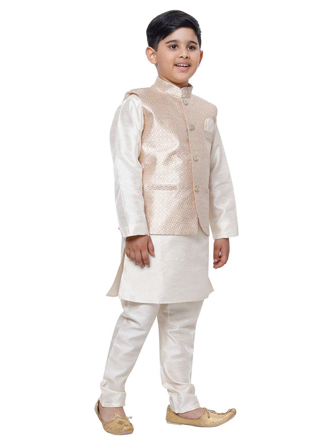 Pro Ethic Kurta Pajama For Boys With Waist Coat Silk Floral Pattern Cream (S-214)