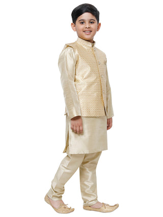 Pro Ethic Kurta Pajama For Boys With Waist Coat Silk Floral Pattern Gold (S-214)