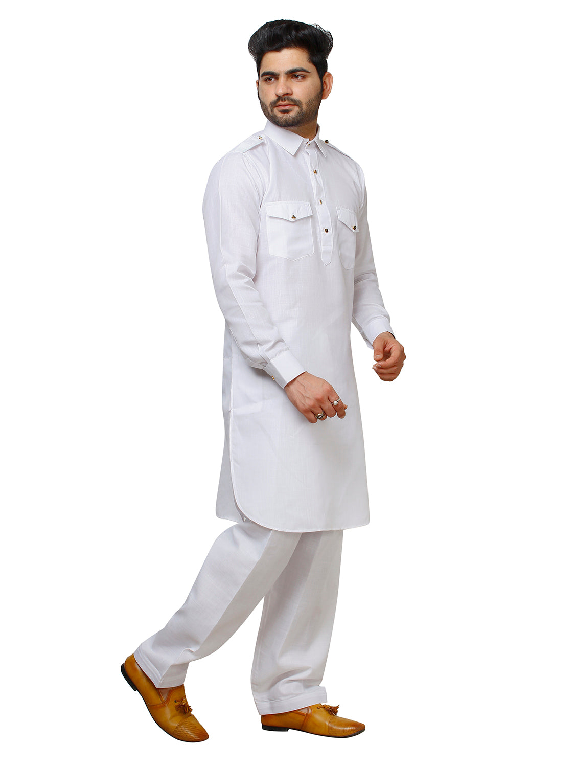 Pro Ethic Men's Pathani Kurta pajama set - Solid | Cotton | White | (A-116)