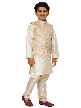 Pro Ethic Kurta Pajama For Boys With Waist Coat Silk Floral Pattern Gold (S-211)