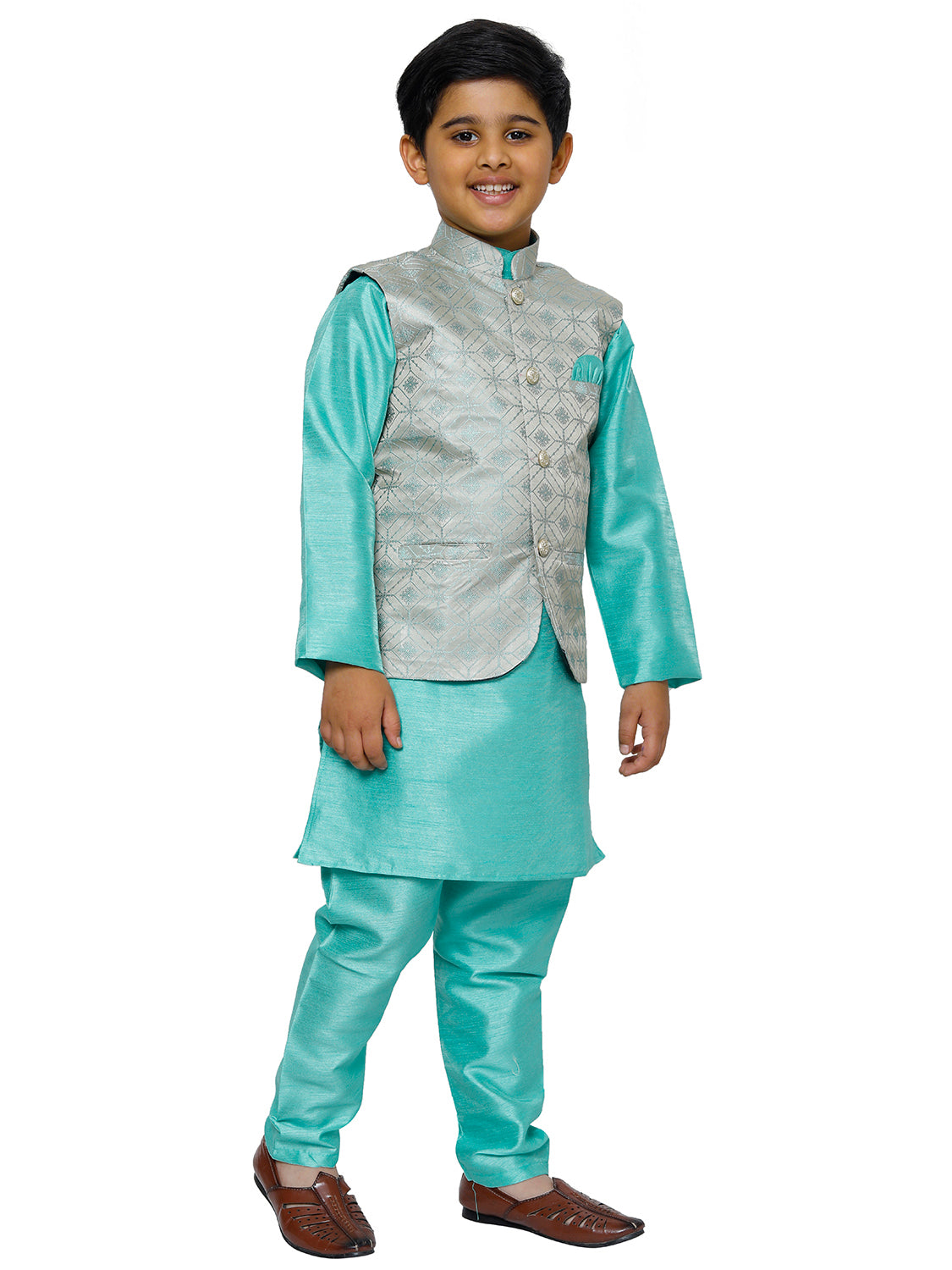 Pro Ethic Kurta Pajama For Boys With Waist Coat Silk Floral Pattern Green (S-211)