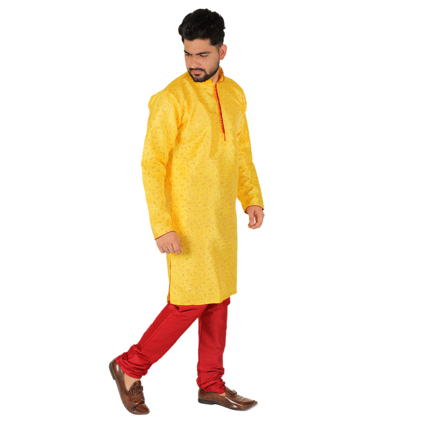 Pro-Ethic Men's Kurta Pajama Silk | Mandarin Collar | Floral Print | Yellow (A-111)