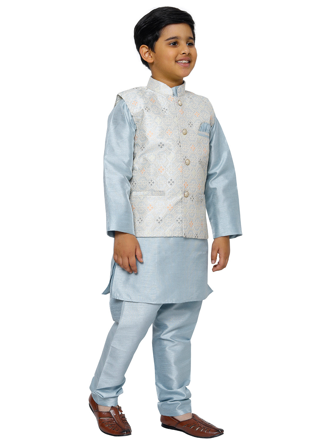 Pro Ethic Kurta Pajama For Boys With Waist Coat Silk Floral Pattern Light Blue (S-212)