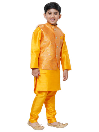 Pro Ethic Kurta Pajama For Boys With Waist Coat Silk Floral Pattern Orange (S-214)