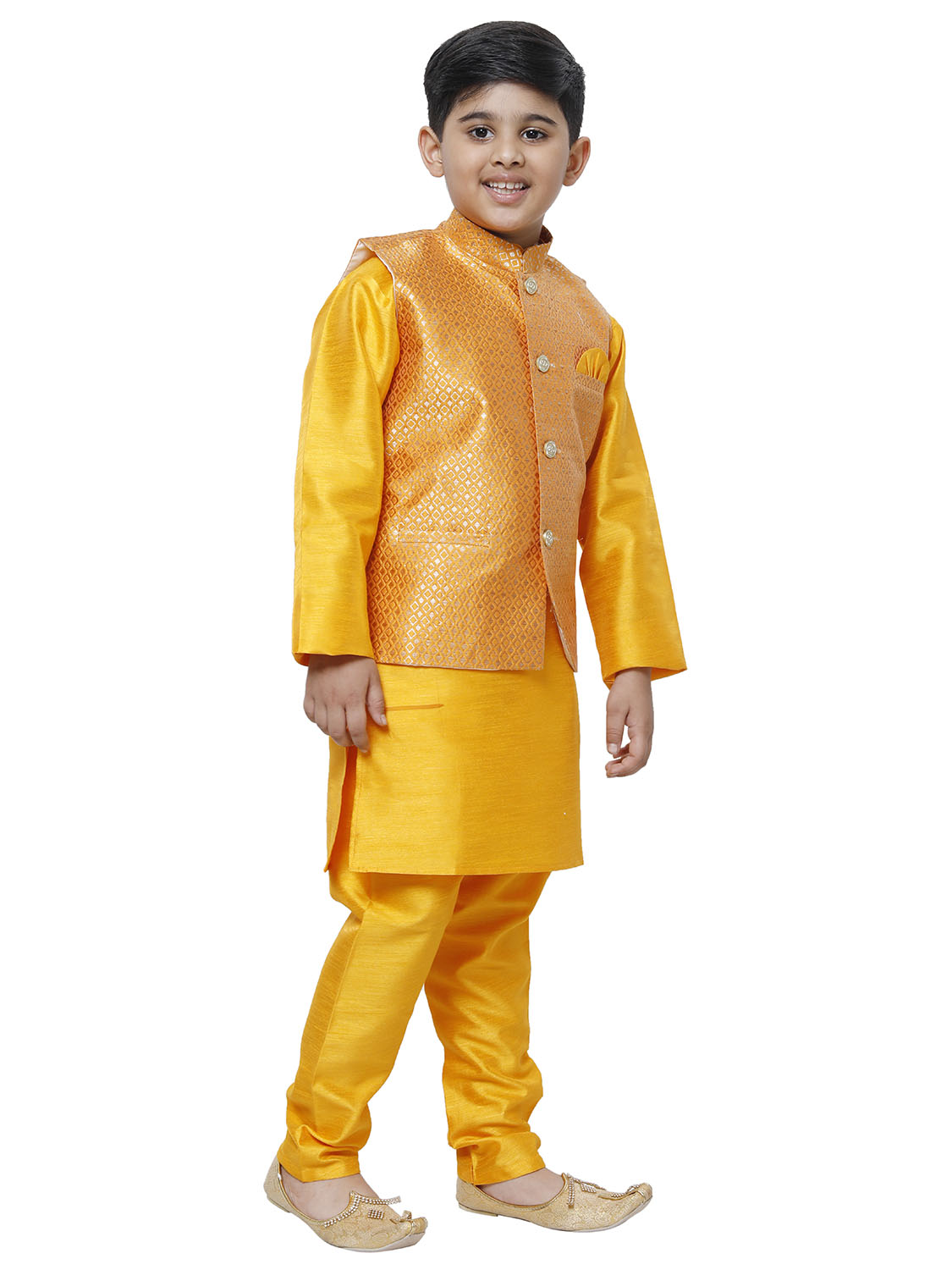 Pro Ethic Kurta Pajama For Boys With Waist Coat Silk Floral Pattern Orange (S-214)