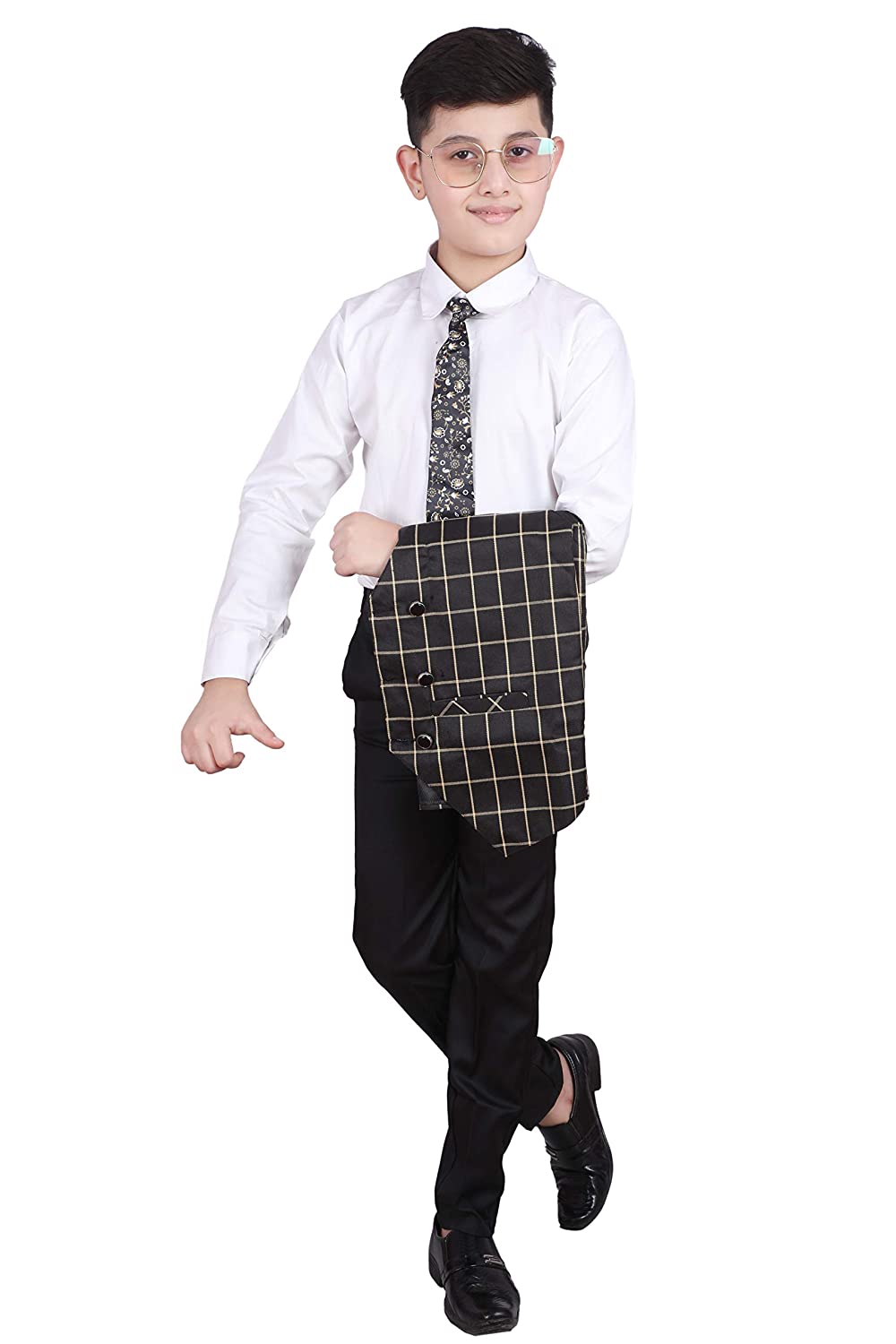 Pro Ethic Three Piece Suit For Boys Cotton Black Checked Pattern T-115