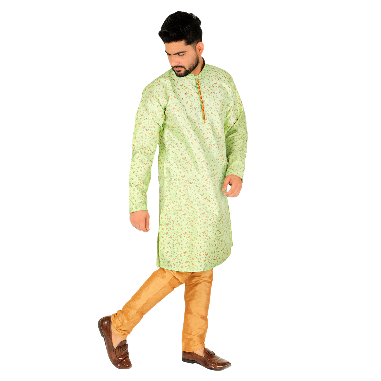 Pro-Ethic Men's Kurta Pajama Silk | Mandarin Collar | Floral Print | Green (A-111)