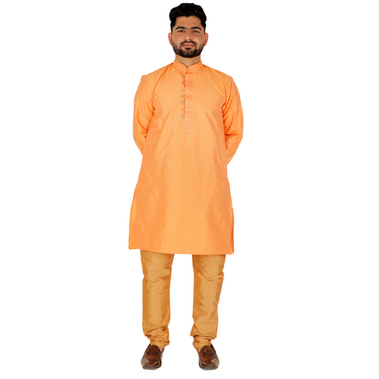 Pro Ethic Men's Silk Kurta Pajama | Mandarin Collar | Orange (A-109)