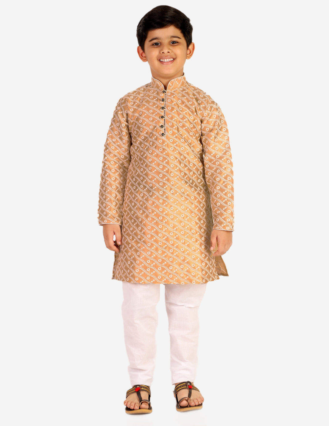 Pro Ethic Boys Kurta Pajama & Waistcoat Set Silk Chicken Design Brown (S-177)