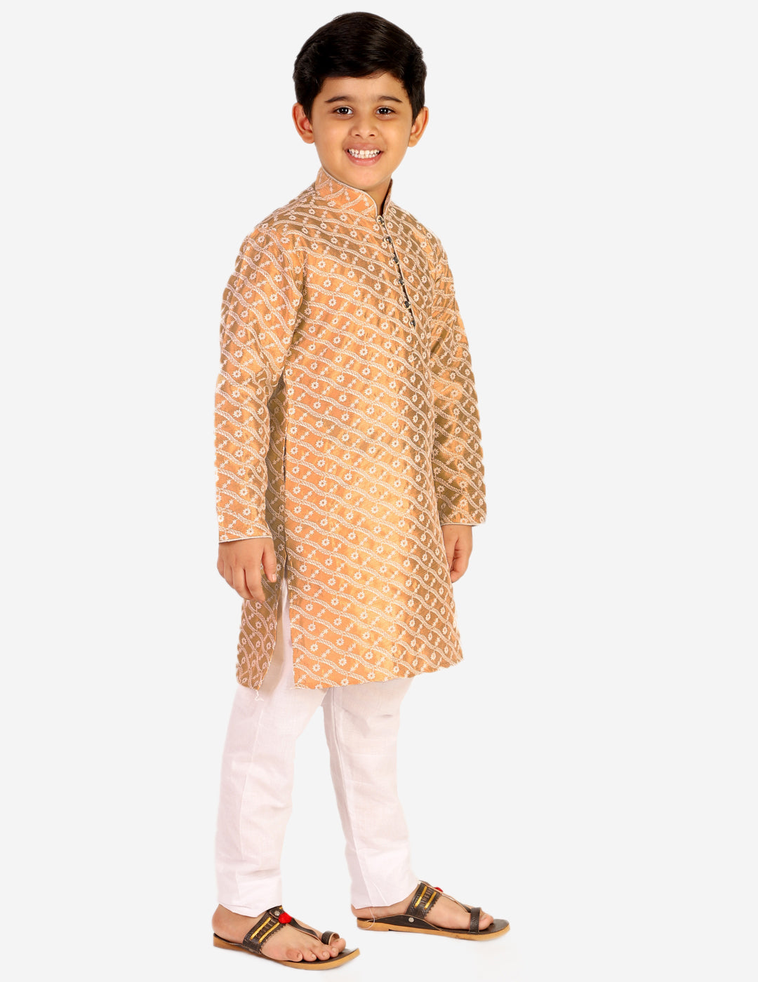 Pro Ethic Boys Kurta Pajama & Waistcoat Set Silk Chicken Design Brown (S-177)