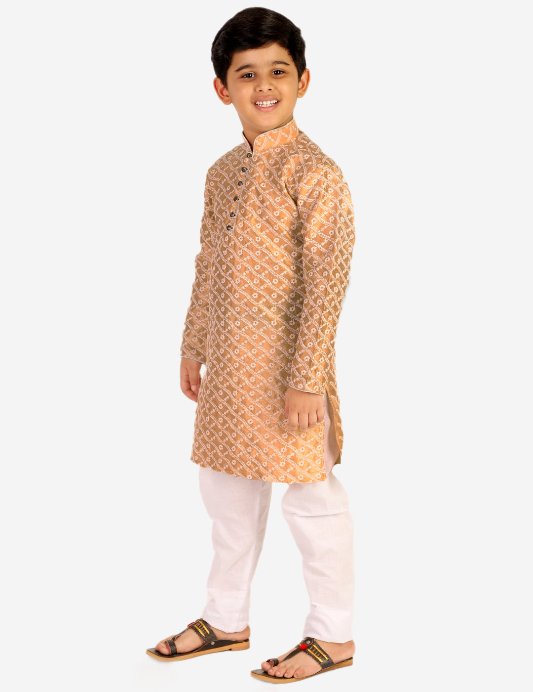 Pro Ethic Boys Kurta Pajama & Waistcoat Set Silk Chicken Design Brown (S-177)