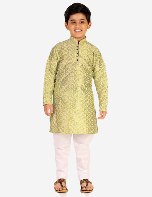 Pro Ethic Boys Kurta Pajama & Waistcoat Set Silk Chicken Design Green (S-177)