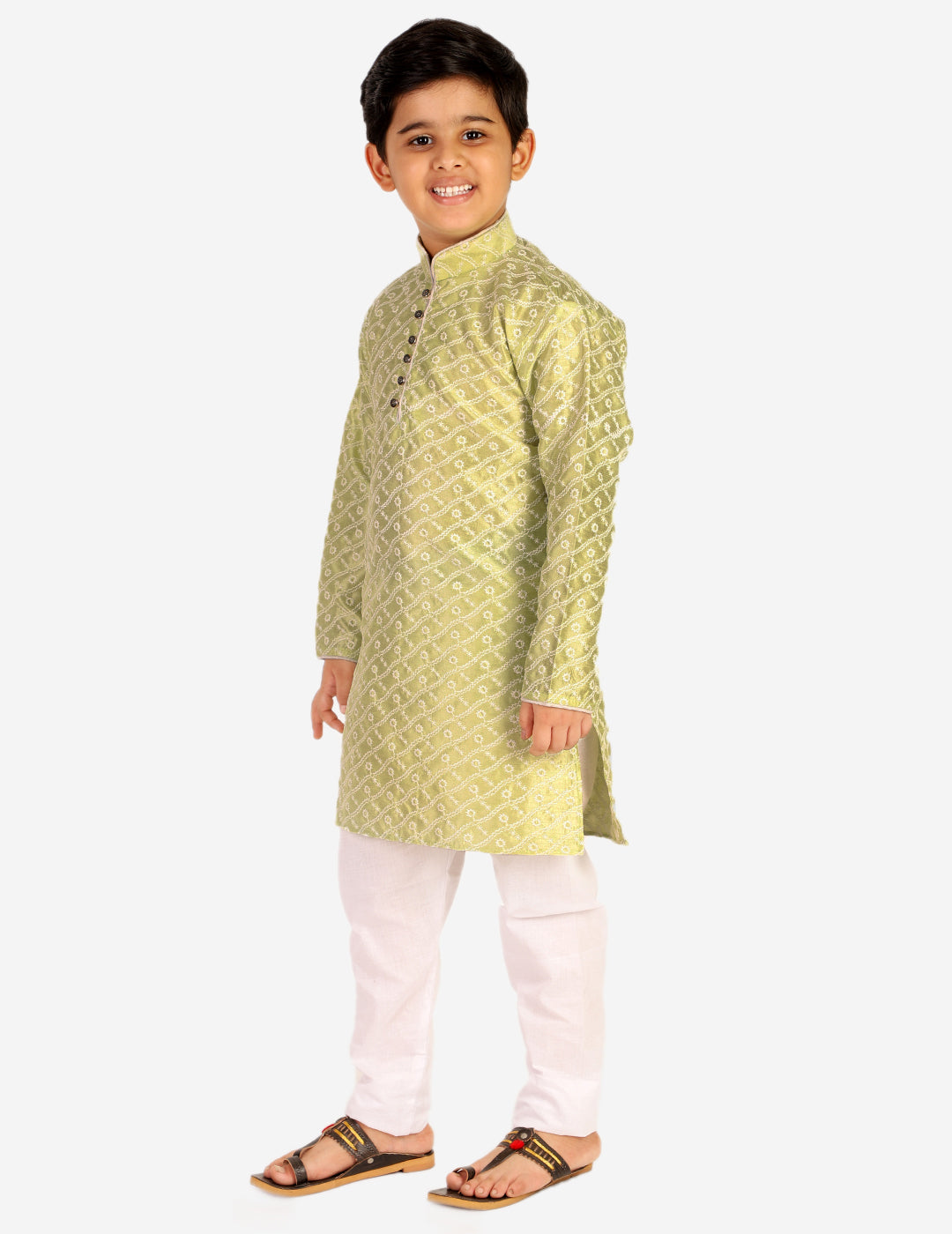 Pro Ethic Boys Kurta Pajama & Waistcoat Set Silk Chicken Design Green (S-177)