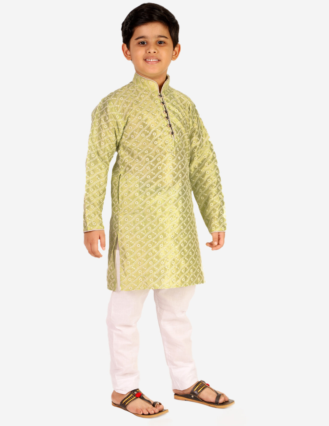 Pro Ethic Boys Kurta Pajama & Waistcoat Set Silk Chicken Design Green (S-177)