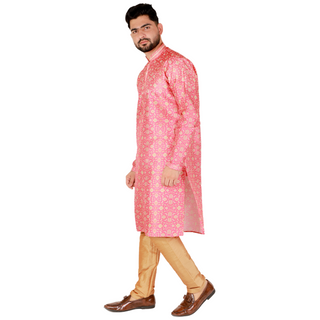 Pro-Ethic Men's Kurta Pajama Silk | Mandarin Collar | Floral Print | Pink (A-110)