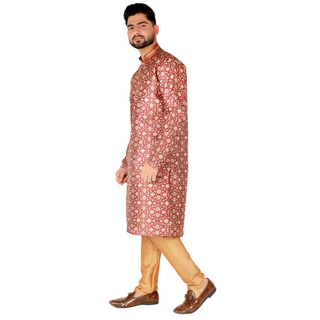 Pro-Ethic Men's Kurta Pajama Silk | Mandarin Collar | Floral Print | Maroon (A-110)