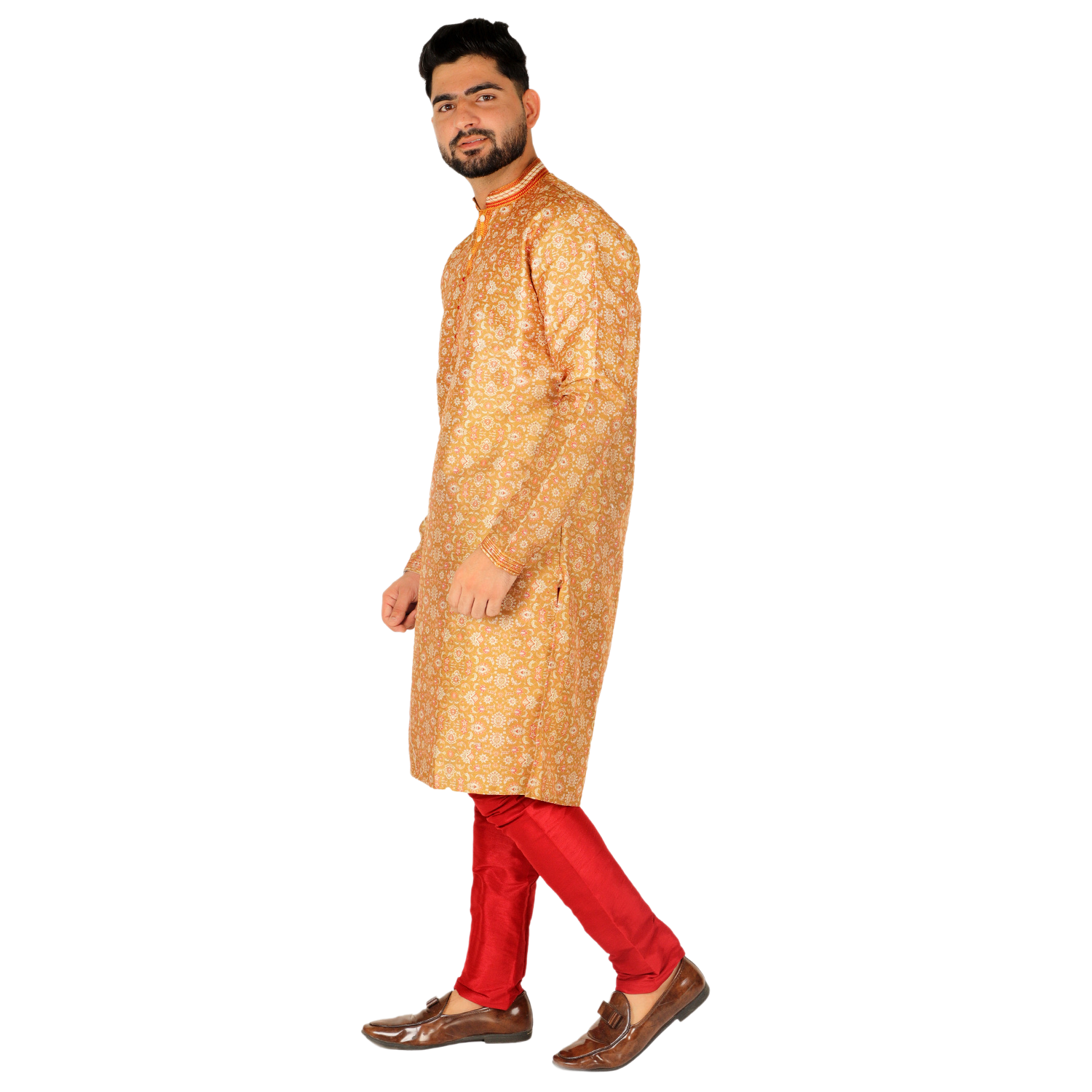 Pro-Ethic Men's Silk Kurta Pajama | Mandarin Collar | Floral Print | Gold (A-110) Pro Ethic