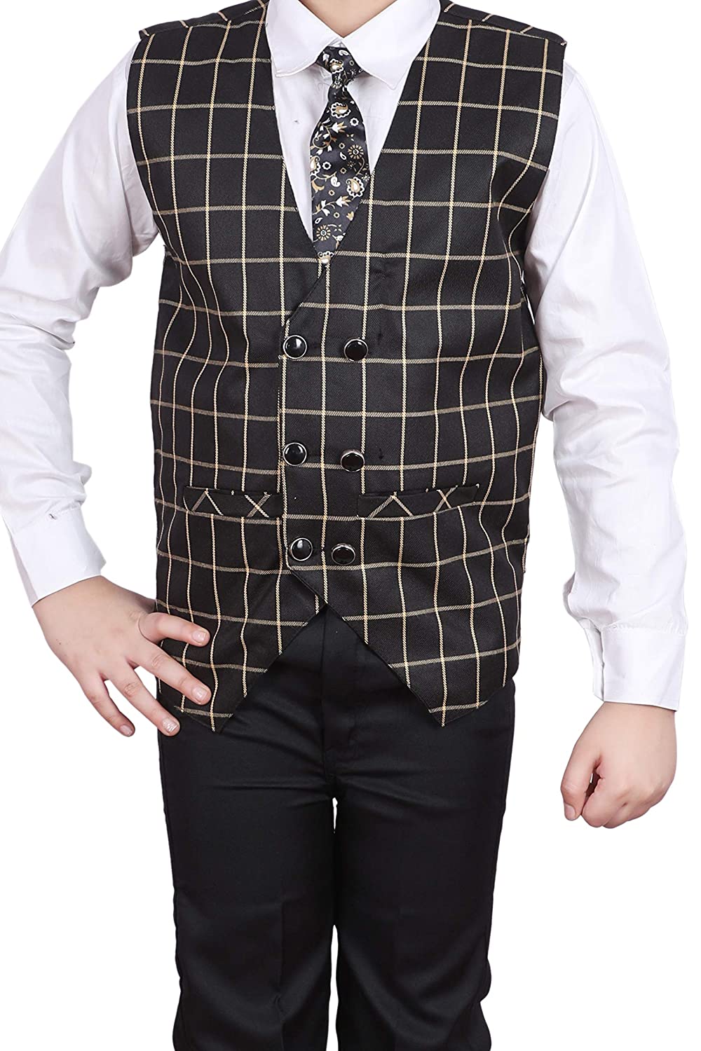 Pro Ethic Three Piece Suit For Boys Cotton Black Checked Pattern T-115