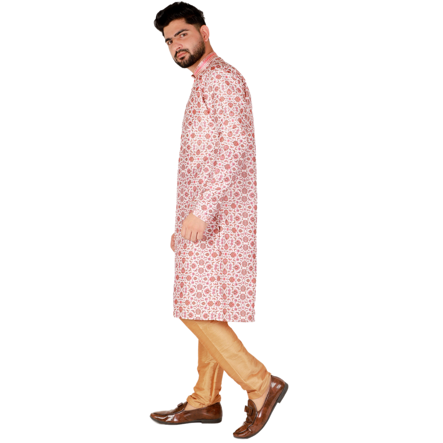 Pro-Ethic Men's Kurta Pajama Silk | Mandarin Collar | Floral Print | Peach (A-110)