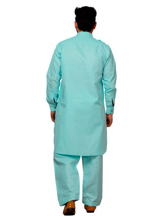 Pro Ethic Men's Pathani Kurta pajama set - Solid | Cotton | Firozi | (A-116)