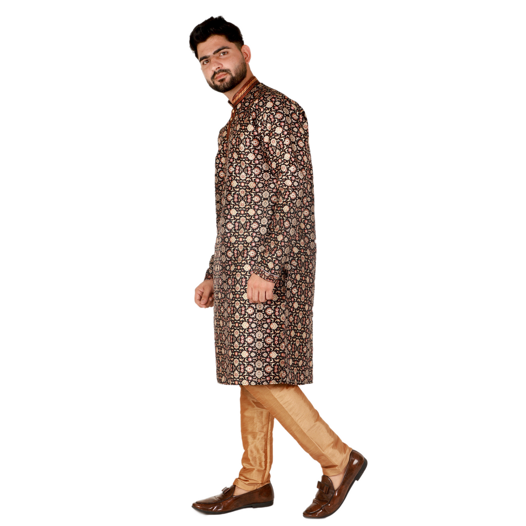 Pro-Ethic Men's Silk Kurta Pajama | Mandarin Collar | Floral Print | Black (A-110) Pro Ethic