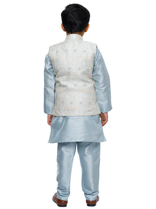 Pro Ethic Kurta Pajama For Boys With Waist Coat Silk Floral Pattern Light Blue (S-212)