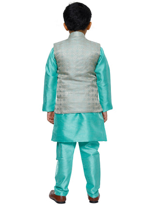 Pro Ethic Kurta Pajama For Boys With Waist Coat Silk Floral Pattern Green (S-211)