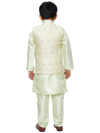 Pro Ethic Kurta Pajama For Boys With Waist Coat Silk Floral Pattern Green (S-212)