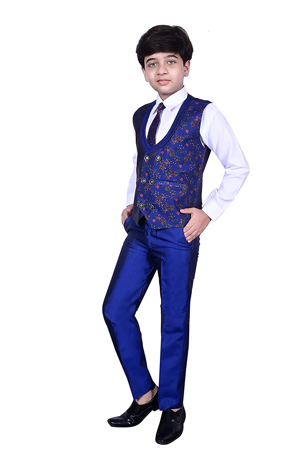 Pro Ethic Three Piece Suit For Boys Cotton Navy Blue Floral Print T-117