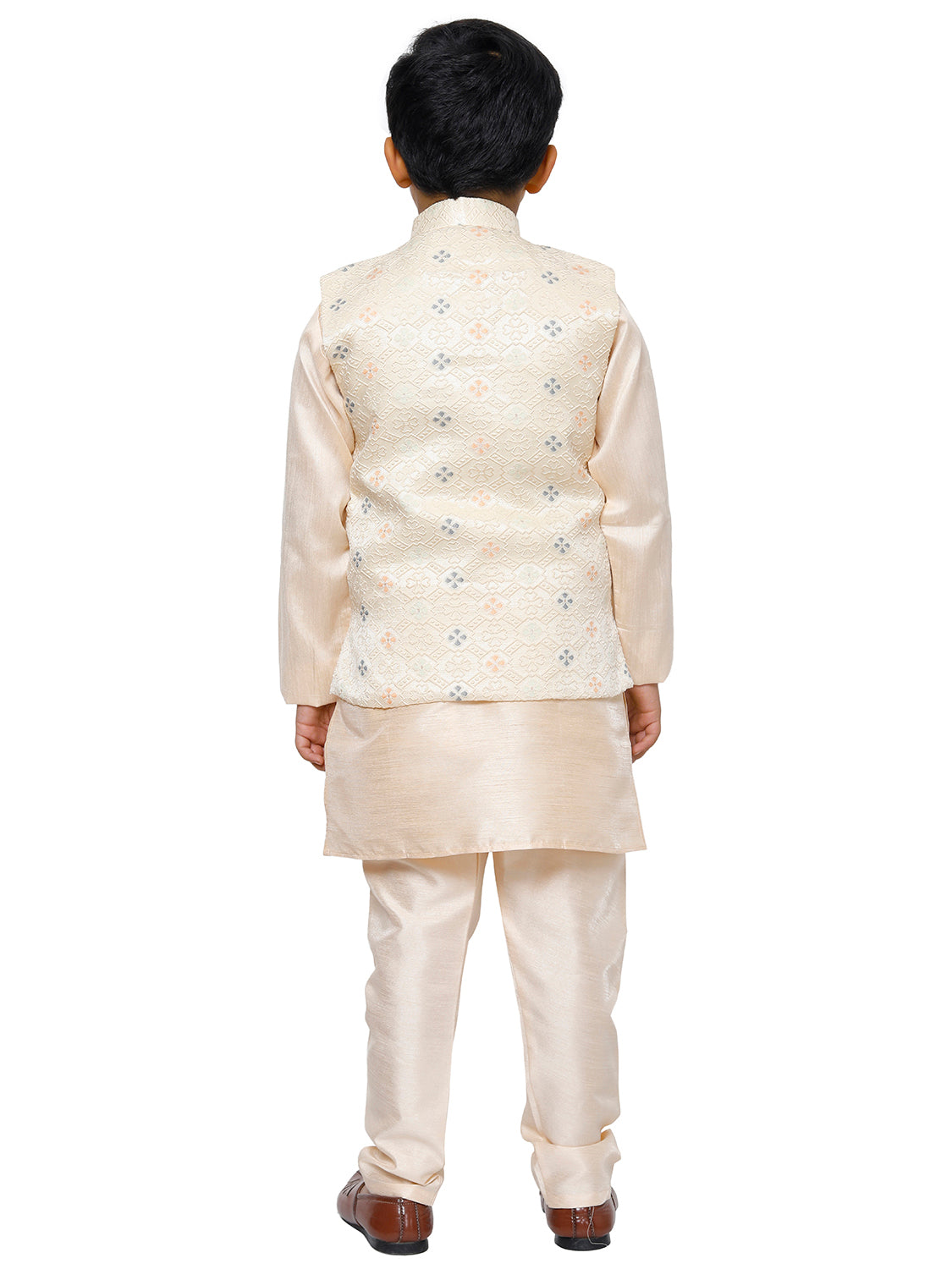 Pro Ethic Kurta Pajama For Boys With Waist Coat Silk Floral Pattern Peach (S-212)