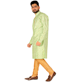 Pro-Ethic Men's Kurta Pajama Silk | Mandarin Collar | Floral Print | Green (A-111)